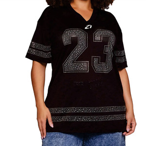 Trendy Custom Plus Size Number Rhinestone Mesh American Football Jersey Women Oversized V Neck Streetwear Sports <b>Top</b> OEM Supply - Product Image 6