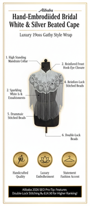 Capa de hombro Ellora de encaje bordado con cuentas y flecos colgantes, accesorio decorativo de moda para vestidos de boda, fiesta y noche, de nailon - Product Image 6