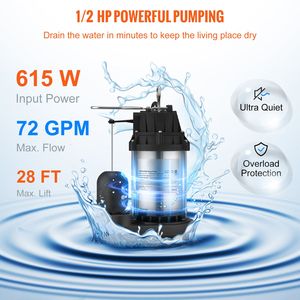 Pompa sommergibile in acciaio inox da 1/2 HP con cavo da 10 m, 3960 GPH, interruttore a galleggiante automatico, scarico NPT da 1 1/2 pollici, per pozzetto a bassa prevalenza - Product Image 3