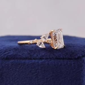 Emerald Cut Diamond Engagement <b>Ring</b> in Rose Gold with Pear Side Stones Vintage Inspired Bridal <b>Ring</b> Unique Wedding <b>Fine</b> <b>Ring</b> - Product Image 2