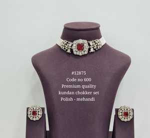 12875Kundan Choker <b>Necklace</b> <b>Set</b> Mehandi Plated Imitation <b>Pearl</b> Brass Geometric Jewelry for Wedding Engagement Party Wear - Product Image 2