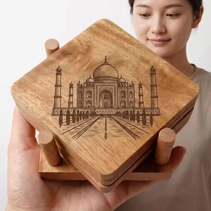Juego de Posavasos Cuadrados de Madera con Diseño del Taj Mahal, Tapetes y Almohadillas Antideslizantes Hechos a Mano, Accesorio Decorativo de Mesa de Estilo Oriental - Product Image 1