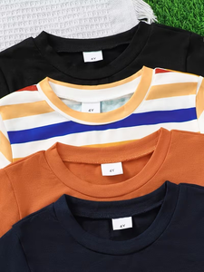 เสื้อยืดแขนสั้นเด็กผู้ชาย 4 ชิ้น คอกลม ลายทาง สีพื้น เสื้อถักลำลองสำหรับใส่ในฤดูใบไม้ผลิและฤดูร้อน - Product Image 4