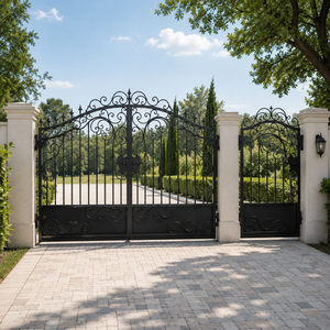 Puerta de Entrada Doble de Hierro Forjado Negro Ornamentado con Puerta Peatonal para Entrada de Jardín de Villa, Diseño de Seguridad - Product Image 3