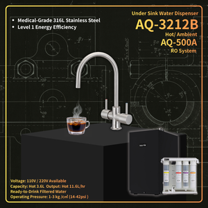 Dispensador de Agua Caliente y a Temperatura Ambiente AQUATEK para Debajo del Mostrador AQ-3212B, Acero Inoxidable 316L con Sistema de Ósmosis Inversa AQ-500A para Uso Doméstico - Product Image 1