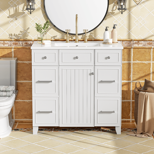 Mobile Bagno in Legno Massello Bianco da 36 Pollici con Lavabo in Ceramica, Ante con Chiusura Ammortizzata, Ripiani Regolabili, 3 Cassetti e Doppio Spazio di Archiviazione - Product Image 3