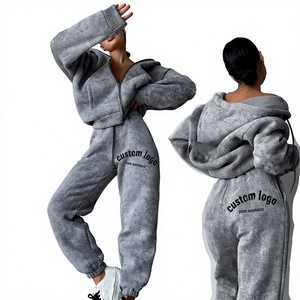 Ensemble de survêtement décontracté pour femme en polaire épaisse lavée imprimée, avec sweat à capuche zippé oversize et pantalon de jogging à revers - Product Image 1