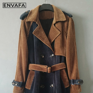 Chaquetas Cortavientos Personalizadas con Combinación de Colores y Rayas de Terciopelo, Gabardina Delgada por Encima de la Rodilla para Mujer, Nuevo Estilo Otoñal, OEM ODM - Product Image 4