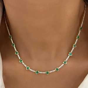 Collier tennis émeraude verte et diamant, chaîne superposée classique avec diamants de laboratoire ronds, bijoux de luxe en or massif 14K 18K, vente en gros - Product Image 3