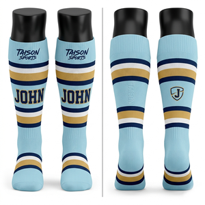 Premium 320 GSM Polyester Cotton Blend Men Ice Hockey <b>Socks</b> Light Blue Navy Gold Striped Knit Custom Logo Name men <b>socks</b> - Product Image 1
