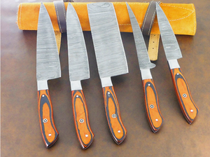 ชุดมีดเชฟอเนกประสงค์ 5 ชิ้น ทำมือจากเหล็กกล้าคาร์บอนสูง ด้ามไม้ ใบมีดแบบ Fixed Blade รับผลิตตามแบบ OEM ปรับแต่งได้ รับประกัน 3 ปี - Product Image 4