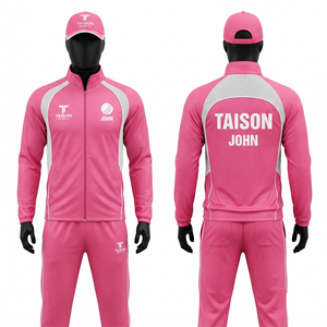 <b>Cricket</b> Training Suit Men 220 GSM Premium Polyester Interlock Green <b>White</b> Panel Design Custom Logo Zipper Tracksuit - Product Image 5