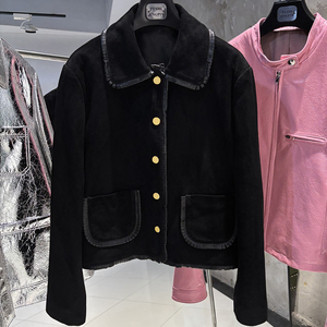Blazer en daim noir à col Peter Pan, manches longues, simple boutonnage, veste pour femme automne, couleur unie, fermeture boutonnée - Product Image 1
