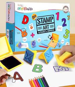 Arte con sellos DIY – Alfabeto y números (IntelliSkills), para niños, 6 sellos, 8 lápices de colores, 1 botella de tinta - Product Image 1