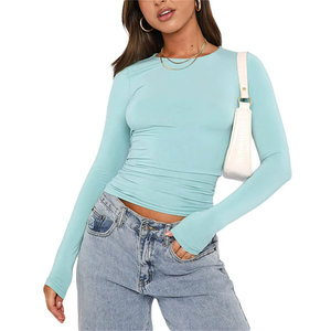 Camiseta Casual de Manga Larga, Camiseta Ajustada de Color Sólido para Primavera y Otoño, Camiseta Básica de Moda Urbana para Mujer, Top - Product Image 4