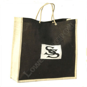 Sac de courses en jute avec logo en lettres, grande taille, poignée en corde, couleur noir et beige - Product Image 4