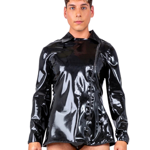 <b>Men's</b> Black Glossy Long Sleeve <b>V</b>-<b>Neck</b> <b>Shirt</b> Solid Color Gothic Style Regular Fit Woven Polyester Short Length - Product Image 2