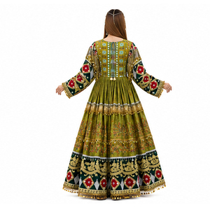 Vestido Étnico Afgano Kuchi de Chifón, Largo hasta el Suelo, Hecho a Mano, Bordado, con Cuentas y Apliques, Lavable, Tribal - Product Image 2