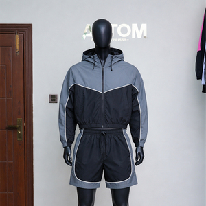 High Quality Custom <b>Men's</b> Solid Casual Windbreaker Lightweight Breathable Hooded Zip <b>Jacket</b> and Shorts Sportswear Set - Product Image 3
