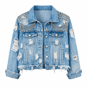 Nouvelle veste en jean ample et légère pour femme, style vintage tendance, avec strass et diamants, collection Printemps-Automne 2026 - Product Image 1