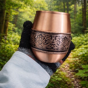 Ensemble de bouteille et 2 gobelets en cuivre pur à 100 %, faits à la main, écologiques, ayurvédiques traditionnels, pour une consommation d'eau saine et durable - Product Image 2