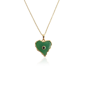 Collar de lujo para mujer con colgante en forma de corazón de ónix verde, con pequeños circones negros incrustados, cadena de latón chapada en oro de 18k. - Product Image 2
