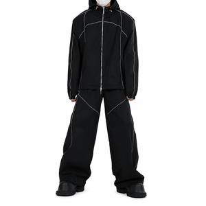 Custom Black Tracksuit Men Oversized Hooded Windbreaker <b>Jacket</b> Wide Leg Baggy Pants <b>Reflective</b> Piping Streetwear OEM Manufacture - Product Image 1