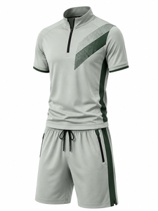 Grace Collection Men's Streetwear <b>Hooded</b> Quarter-<b>Zip</b> Short-Sleeve Top Shorts Set Quick Dry Fleece 100% Polyester Winter Solid - Product Image 4