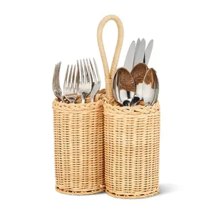 Cesta para utensilios de cocina de ratán tejida a mano con asa, organizador de cubiertos de mimbre natural para mesa de cocina - Product Image 1