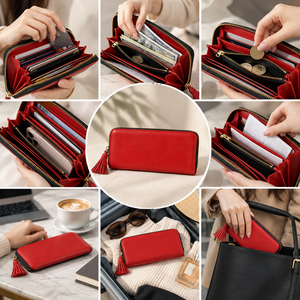 Cartera de Mano Tipo Clutch de Microfibra Roja para Mujer, con Cierre, Borla y Forro de Algodón para Uso Diario - Product Image 4