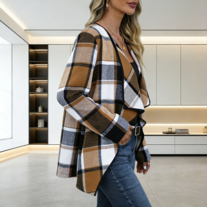 Oferta especial en Temu: Cárdigan a cuadros moderno para mujer, diseño de cuello en cascada, corte holgado, manga larga, para uso diario y vacaciones. - Product Image 6