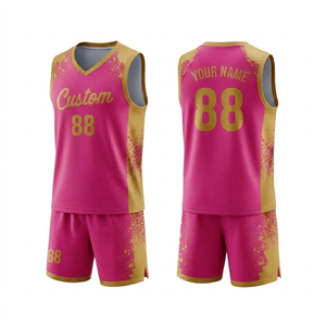 Conjunto de Camiseta de Baloncesto Personalizada con Estampado Sublimado en Rosa Claro y Dorado, Transpirable, de Malla, sin Mangas y con Cuello en V para Hombre, Ropa Deportiva para Exteriores - Product Image 1