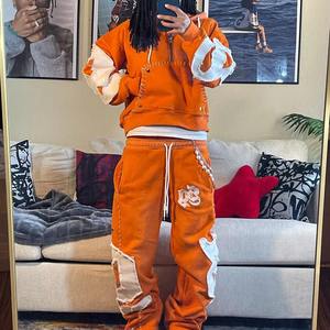 Ensemble de survêtement streetwear vintage délavé à l'acide pour homme, avec sweat à capuche et pantalon de jogging patchwork usé, 100% coton léger - Product Image 2