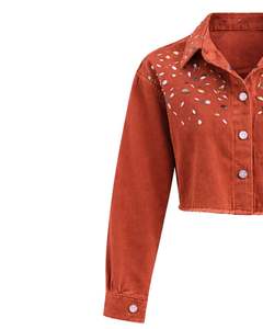 Chaqueta vaquera corta naranja óxido para mujer con botones frontales adornados con pedrería, manga larga, estilo urbano, top de moda. - Product Image 5