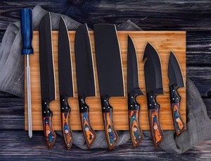 Hand Forged High Carbon Steel Steel BBQ Chef <b>Knife</b> <b>Set</b> - 8 Piece Luxury Kitchen <b>Knives</b> with leather Roll - Product Image 1