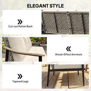 Khaki 3-Seater Outdoor Patio <b>Sofa</b> <b>Waterproof</b> Cushions Wicker Backrest with Wood Effect Armrests for Garden Yard - Product Image 5