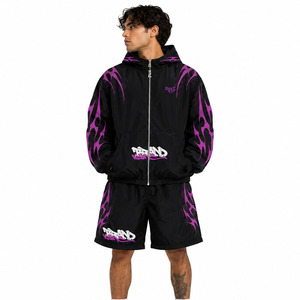 Trendy Custom Men's Printed Nylon Windbreaker Shorts Tracksuit Hooded <b>Jacket</b> Streetwear Two Piece Embroidery Patch Nylon Hoodies - Product Image 6