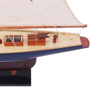 Modèle de voilier écologique artisanal en bois, bleu foncé et marron, type schooner, décoration nautique pour table et maison - Product Image 6