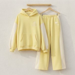 Conjunto Deportivo Informal para Mujer, Sudadera con Capucha Oversize Amarilla y Blanca, Pantalones Jogger de Pierna Ancha, Conjunto de Dos Piezas - Product Image 4