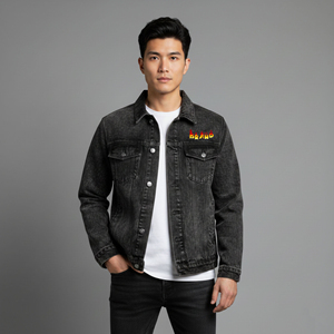 Veste en jean pour homme 2026 personnalisée, 100 % coton, coupe longue et ample, noire unie, avec logo frontal, style vintage, coupe-vent, boutonnée - Product Image 1