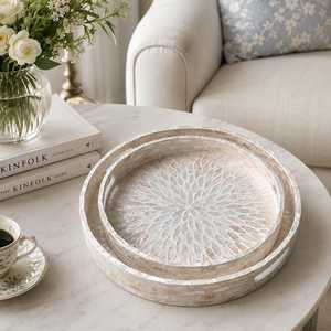 Handmade Mother of Pearl <b>Tray</b>, Shell Inlay Decorative Serving <b>Tray</b>, <b>Round</b> Coffee <b>Table</b> <b>Tray</b>, Luxury Housewarming Gift - Product Image 4