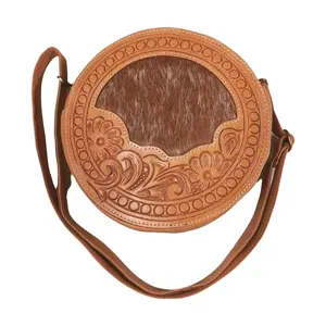 100% Exporte Qualität Echt leder Western Runde Tasche Mit Digital Carving & Hair On Design Hersteller Und Großhändler