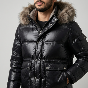 Chaqueta de plumón para hombre con capucha, transpirable, de forro polar, negra, rellena de plumón, abrigo informal de invierno, holgada, de color liso, con cremallera frontal y ribete de piel. - Product Image 4