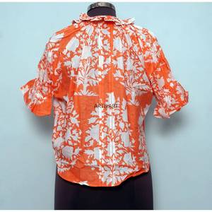 Top Vintage Indian Style Sweet Floral Print 100% Cotton Washable Casual Feminine Touch Frilled O-Neck Regular Half Sleeve <b>Tunic</b> - Product Image 6