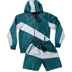 Custom <b>Men</b> Windbreaker <b>Jacket</b> Shorts Set Green <b>White</b> Color Block Hooded Tracksuit Breathable Polyester OEM Wholesale - Product Image 4
