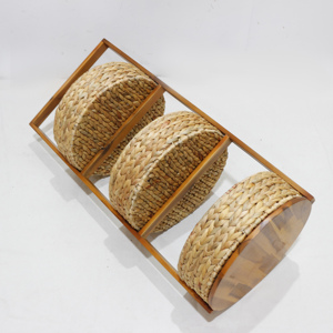 Three Tier Rattan Storage Rack with Wooden Frame Round Baskets for Home Organization <b>Rustic</b> Style Handmade - Product Image 6