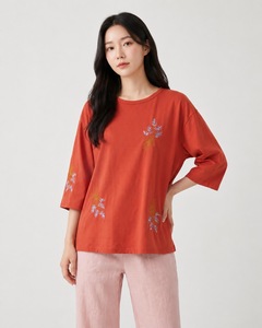 Bmama Blouse légère brodée de fleurs pour femme, manches 3/4, imprimé floral rouge, brodée, décontractée et tendance - Product Image 4