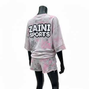 Ensemble T-shirt et short pour femme en coton et polyester de qualité supérieure, tissu French Terry 260 GSM, tie-dye, logo personnalisé imprimé à l'écran, ensembles pour femmes - Product Image 5