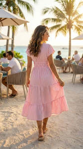Strip Pink Sorbet Indian Cotton <b>Kaftan</b> Maxi Dress Eco-Friendly Casual <b>Beach</b> Cover-Up Sleepwear with Feather Trim Natural Waist - Product Image 5