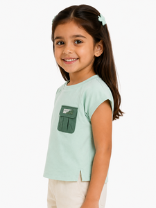 Camiseta Verde Menta con Bolsillo para Niñas, Top Informal de Algodón de Manga Corta, Camiseta Suave y Cómoda para Uso Diario, Estilo Moderno - Product Image 2